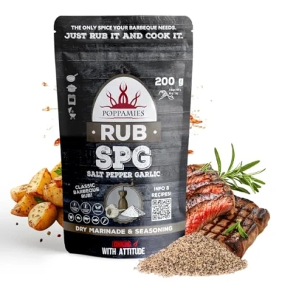 Image of Poppamies Legendary Steak SPG BBQ Rub 100% Natural Salt Black Pepper &amp; Garlic Seasoning ​​Suitable for Any type Food Particularly Steaks and Vegetables Use in The Grill Pan Large Pack (200g)