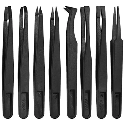 Image of MMOBIEL 8Pcs Anti Static Multifunctional Plastic Precision Tweezers Set, Slant Flat Tip Tweezer Pointy/Curved Tips for Electronics, Jewelry Making, Laboratory Work, Repair Black