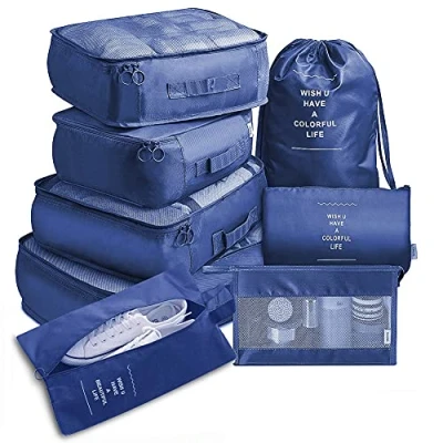 Image of Travel Packing Cubes, Toifucos Multifunction 8pcs/set Cubes Luggage Organiser Waterproof Compression Suitcase Bag Essential Bag, Navy Blue
