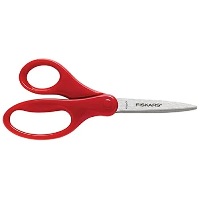 Image of Fiskars 7&quot; Safety School Scissors with Stainless Steel Pointed Tip Blades for Children, Kids, Students (Red)