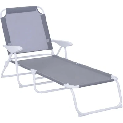 Image of Outsunny Foldable Sun Lounger, Outdoor 4 Level Adjustable Backrest Reclining Lounge Chair with Armrests for Patio, Garden, Grey