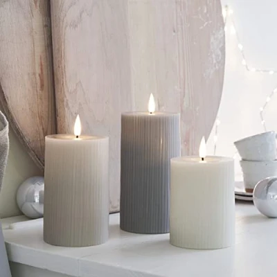 Image of Lights4fun Set of 3 TruGlow® Neutral Grey Ribbed Battery Operated LED Flameless Pillar Candles Real Wax with Timer