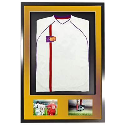 Image of Vivarti DIY Adult 3D Mounted + Double Aperture Sports Shirt Display Frame for Football Shirt, Rugby Band T Shadow Box 61 x 91.5cm Black Frame, Gold Mount, Backing Card