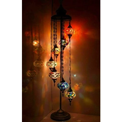 Image of ENVA Turkish Moroccan Mosaic Floor Lamp Light, Handmade Glass Multicolour Tiffany Light 7 Large Globe with LED Bulb