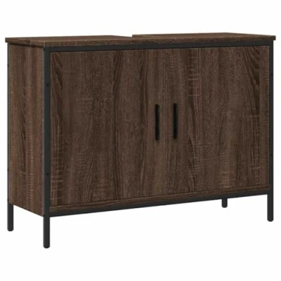 Image of vidaXL Bathroom Sink Cabinet in Brown Oak Engineered Wood Powder Coated Steel Modern Storage Cupboard 80x30x60 cm for Bath Necessities