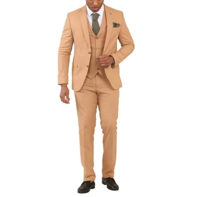 Image of Men&#039;s Suit Camel 3 Piece Lightweight Linen Summer Wedding Formal Dress Suits 38