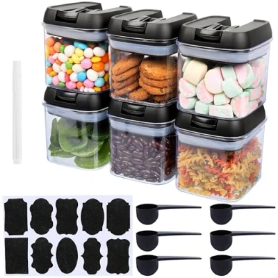 Image of BELLE VOUS 6 Pack of Food Storage Containers with Spoons, Labels &amp; Marker 500ml/17oz Clear Plastic Airtight Jars Kitchen/Pantry Organiser Canisters for Spice, Sugar, Flour, Snacks More