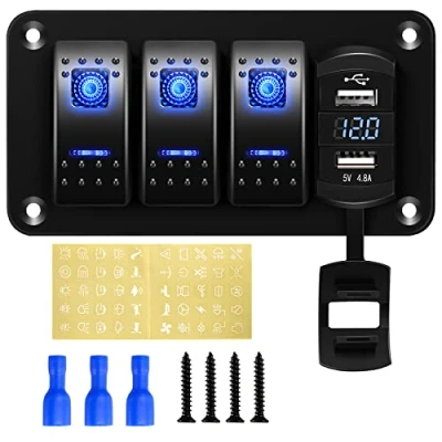 Image of Rupse 12v Switch Panel ON/OFF Toggle Panel, IP65 Waterproof 12V/24V Dual USB Charger Port 4.8A with Digital Voltmeter Display for Car Truck Boat Trailer RV UTV ATV Yacht (3 Gang)