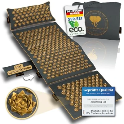 Image of CALM ELEPHANT ORIGINAL Acupressure Mat XXL Set for Beginners + Lumbar Cushion: GENUINE 5 Piece (+ Cushion, Doormat &amp; Carry Bag) Acupuncture Relieves Tension, Back Pain, Stress, Grey