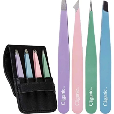 Image of 4 Piece Professional Tweezers Set with Case Stainless Steel Best Precision for Eyebrow, Splinter &amp; Ingrown Hair Removal Includes: Slant, Point, Straight, Point/Slant