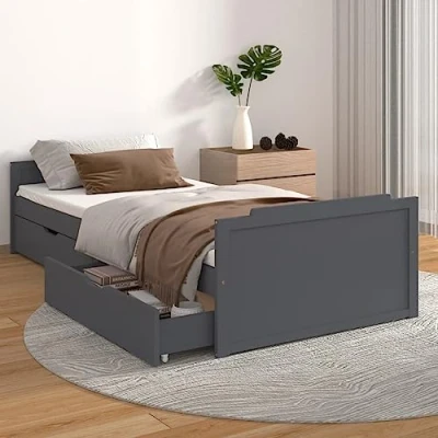 Image of vidaXL Dark Grey Solid Wood Pine Single Bed Frame with Storage Drawers Scandinavian Styled, 90x200 cm