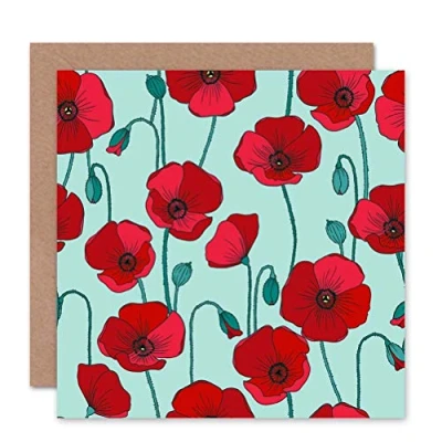Image of Wee BLUE Coo POPPY POPPIES FLOWER PATTERN RED BLANK GREETINGS BIRTHDAY CARD ART