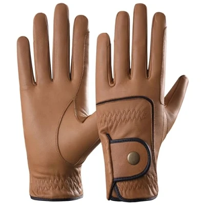 Image of AFE Genuine Leather Horse Riding Gloves Ladies Dublin Track Equestrian (Brown, Small)