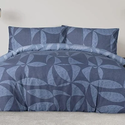 Image of Sleepdown Cutout Textured Geo Reversible Duvet Cover Quilt Bedding Set with Pillowcases Soft Easy Care Bed Linen Blue Double (200cm x 200cm)