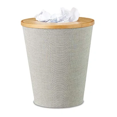 Image of Relaxdays Bamboo Trash Can, Round Waste Bin with Insert and Magnetic Lids, 35 cm Tall, Natural/Grey