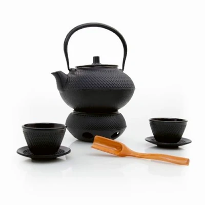 Image of Lumaland 8 Piece Tea Set 1.4 Litre cast Iron teapot Tetsubin Warmer 2 Cups &amp; Coasters Japanese incl. Bamboo Measuring Spoon Stainless Steel Strainer