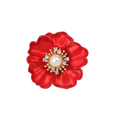 Image of Pearl Flower Brooch Pin Red Peony Crystal Rhinestone Elegant Blooming Rose Wedding Party Jewelry Gift Women Dress