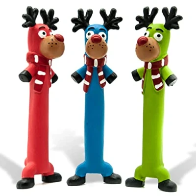 Image of 3 x 10 Long Squeaky Dog Toys LATEX Chew Standing Stick Gifts Reindeer Rudolph Teething Puppy Fetch Interactive for Boredom Small Medium Pet ((Pack of 3), Rudolph)