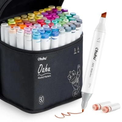 Image of Ohuhu 80 Colours Dual Tips Permanent Marker Pens Art Markers for Highlighter Pen with Carrying Case Drawing Sketching Adult Colouring Highlighting and Underlining