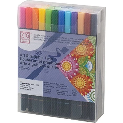 Image of Kuretake ZIG ART &amp; GRAPHIC TWIN 48 colors set, 0.8mm fine tip and the flexible brush, For illustrating, cartooning, Professional quality, AP Certified, Odourless, Xylene Free, Made in Japan