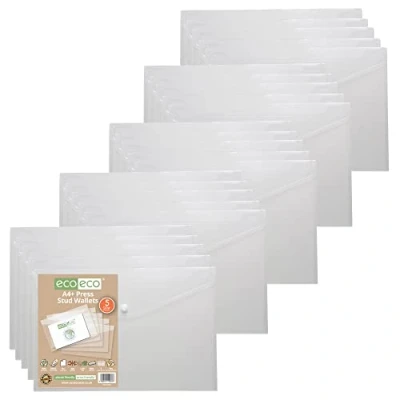 Image of eco A4+ 50% Recycled Clear Transparent Press Stud Popper Wallet, Plastic Folders (Pack of 25)