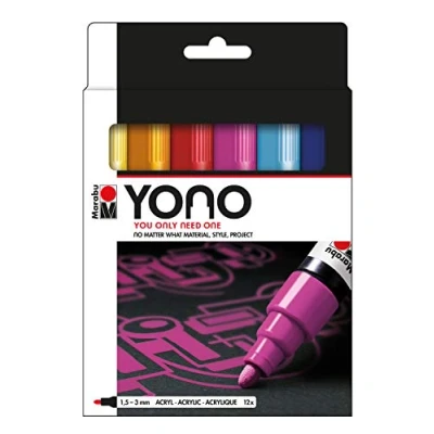 Image of Marabu Yono Marker Pen, Bullet Tip, (1.5 3mm), Yellow, Orange, Cherry, Magenta, Pastel Blue, Dark Reseda, Rich Green, Brown, Grey, White, Black, Pack Of 12