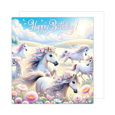 Image of Edition Seidel Premium Square Birthday Card with Envelope. Greeting Happy For Her Daughter Niece Girl Friend Children Kids Teens Horses Theme (GQ269 SW024)