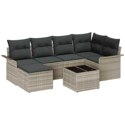 Image of vidaXL 7 Piece Garden Sofa Set with Cushions Grey Poly Rattan