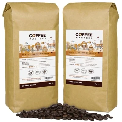 Image of Coffee Masters Brazil Yellow Bourbon Beans 2kg (2x1kg) Single Origin Brazilian Coffee, Heavy Bodied Creamy Espresso 100% Arabica Great Taste Award Winner 2025