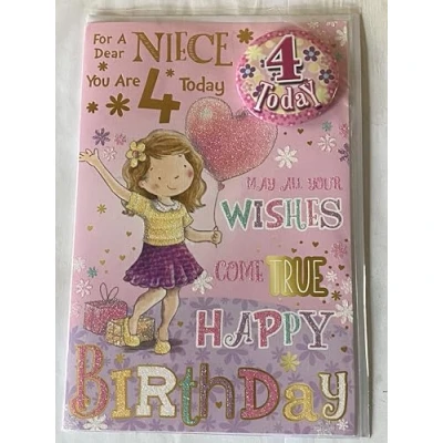 Image of For A Dear Niece You Are 4 Today Birthday Card With Badge Age 4th Fourth Four Cute Girl/Heart Balloon Glitter/Foil Detail(CC7505)