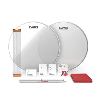 Image of Evans UV1 Snare Drum Tune Up Kit Contains UV Head, Resonant ProMark 5a Drumsticks, Wire, Key, EQ Pods Dampener, Lug Lubricant, Metal Polish, Polishing Cloth 13 inch