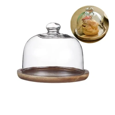 Image of Glass Dessert Dome with Wood Base,Mini Cake Stand,Cake Plate Wooden Plates Dome,Fruit Display Server Tray for Kitchen, Birthday, Wedding,Appetizer and Cheese Serving Stand (Round 5inch)