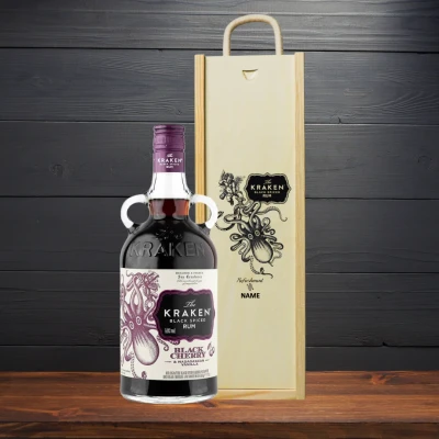 Image of Personalised Kraken Black Cherry &amp; Madagascan Vanilla Spiced Rum in Wooden Presentation Gift Box (35cl) Birthday Gifts for Men, Her, Sets Christmas