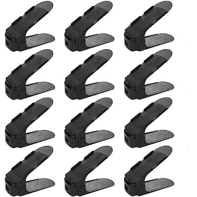 Image of 12pcs Adjustable Shoe Slots Organisers Wardrobe Stacker Space Saver Rack Holder Non slip (Black)