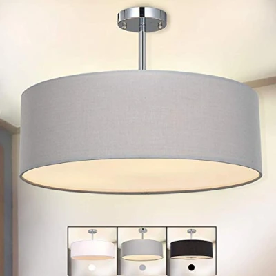 Image of SPARKSOR Ceiling Light, Modern Fabric Pendant Light Shade, Large Grey Drum Lampshade, Round Lamp, for Bedroom Living Room, Flush Chrome Matt, 3 Bulb, E27