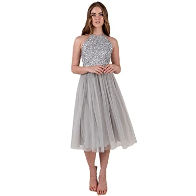 Image of Maya Deluxe Women&#039;s Ladies Midi Dress with Halter Neck Tulle for Evening Graduation Prom Wedding Bridesmaids Ball Gown, Soft Grey, 8