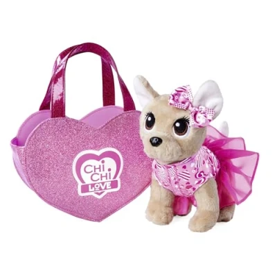Image of Simba 105890055 CCL OVE Chi Love Air, Chihuahua Plush Dog with Cute Sweet Dress and Bow, in Glitter Heart Bag, 20 cm, from 3 Years, Moyen