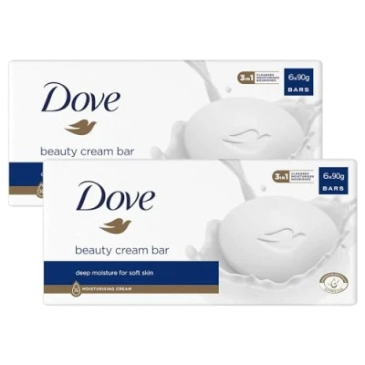 Image of Dove Orginal Beauty Cream Bar 3 in 1 Cleanses, Moisturises and Nourishes Sulphate Free Bath Soap for Soft Smooth Skin, Suitable Daily Use 6x90g, 2 Pack