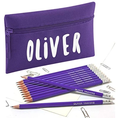 Image of Zip Pencil Case with Name and 12 Embossed HB Eraser Tipped Pencils (Purple)