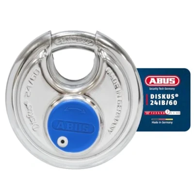 Image of ABUS Diskus padlock 24IB/60 made of stainless steel with 360 all round protection for securing in extreme weather conditions 05633 security level 7 silver/blue
