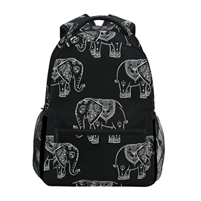 Image of Jeansame Backpack School Bag Laptop Travel Bags for Kids Boys Girls Women Men Black Elephant Animals Ethnic