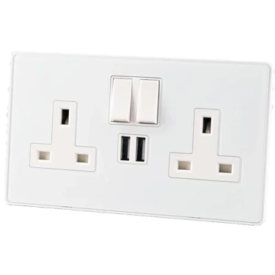 Image of Glass Screwless 13A 2Gang Switched USB Socket (2400mA) WHITE