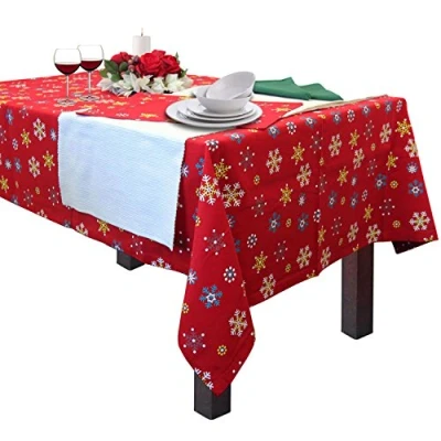 Image of HOMESCAPES Christmas Tablecloth Red Snowflake x Mas design 54 70 Inch 100% Cotton White Green and Colour Washable at Home