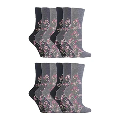 Image of 12 pack ladies patterned wide top gentle grip socks in 20 styles (GG45)