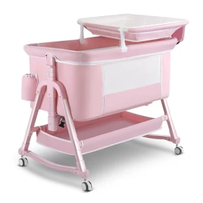 Image of Uuoeebb 4 in 1 Bedside Crib, Bassinet, Baby Crib with Changing Table, Bassinet Wheels, Travel Cot Mattress Included, Five Level Height Adjustable Cribs for Newborn (Pink)