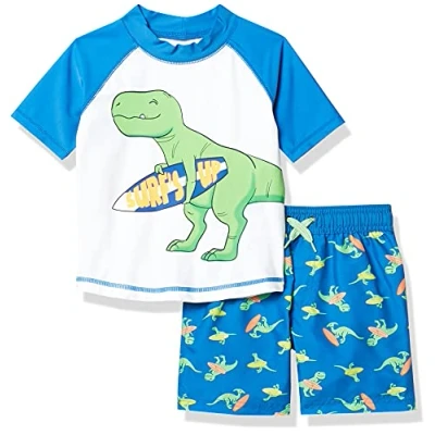 Image of Simple Joys by Carter&#039;s Toddler Boys&#039; Swimsuit Trunk and Rashguard Set, Blue White Dinosaur, 3 Years