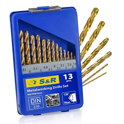 Image of S&amp;R metal drill bit Set 1,5 6,5 mm, 135 , 13 pcs, DIN 338, polished, HSS TITANIUM, nitrite titanium coating, box. Professional quality