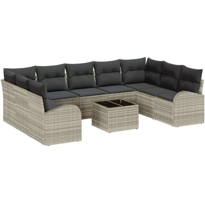 Image of vidaXL 10 Piece Garden Sofa Set with Cushions Grey Poly Rattan