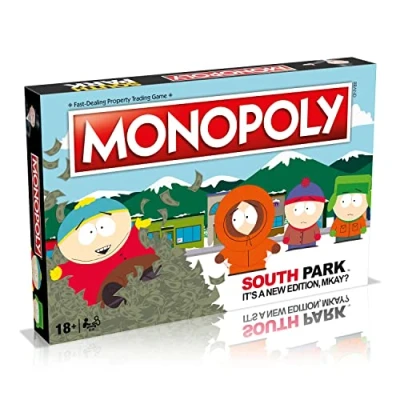 Image of Winning Moves South Park Monopoly Board Game, Play with characters from Colorado including Cartman, Eric, Kyle, Kenny and Butters, gift for ages 18 plus
