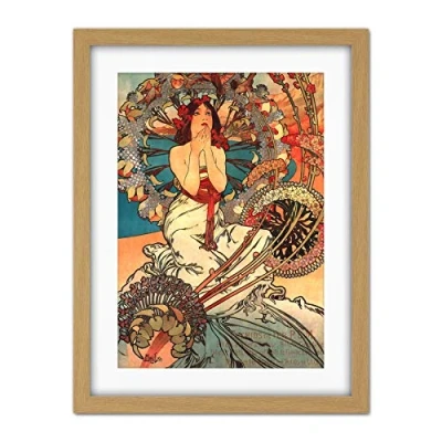 Image of Wee Blue Coo Mucha Art Nouveau Woman Floral Artwork Framed Wall Print 18X24 Inch
